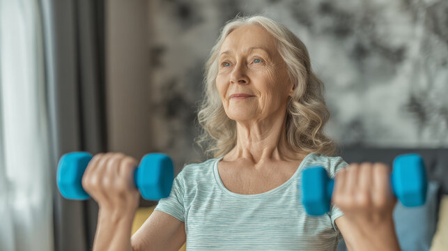 Senior woman exercise dumbbell workout home fitness healthy aging concept