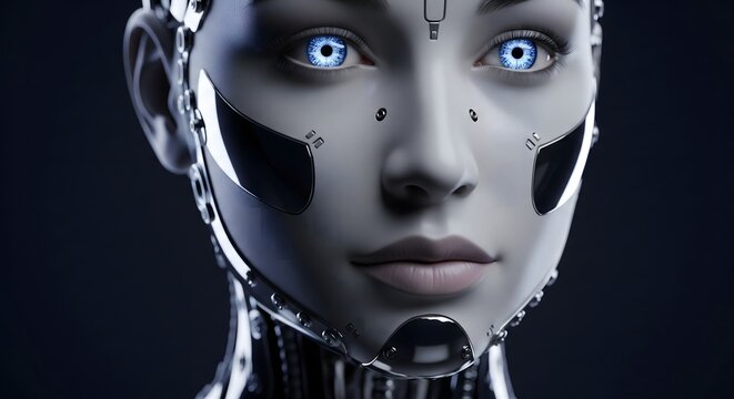 Close-up portrait of a futuristic female humanoid robot with glowing blue eyes and metallic cybernetic components.