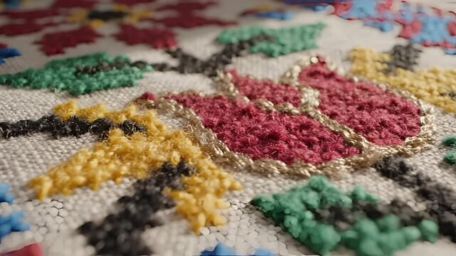 Closeup of a colorful embroidered textile with intricate patterns.