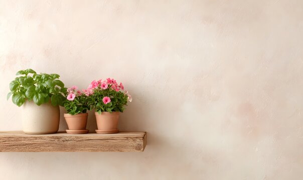 Minimalist clean background for a plant nursery website, soft pastel beige wall with a single rustic wooden shelf holding small terracotta pots with lush green basil and bright pink petunias