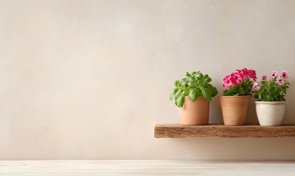 Minimalist clean background for a plant nursery website, soft pastel beige wall with a single rustic wooden shelf holding small terracotta pots with lush green basil and bright pink petunias