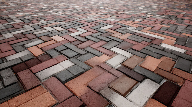 Paver brick floor also call brick paving, paving stone or block paving.
Manufactured from concrete or stone for road, path, driveway and patio. Empty floor in perspective view for texture background.