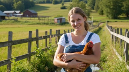 Naklejka premium Smiling girl in overalls holding chicken on farm