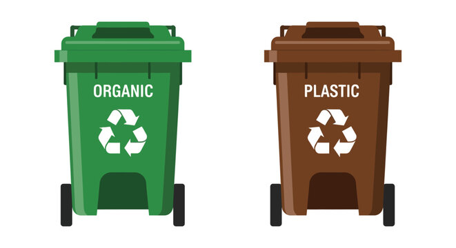Green organic waste bin and brown plastic recycling bin for eco-friendly trash separation