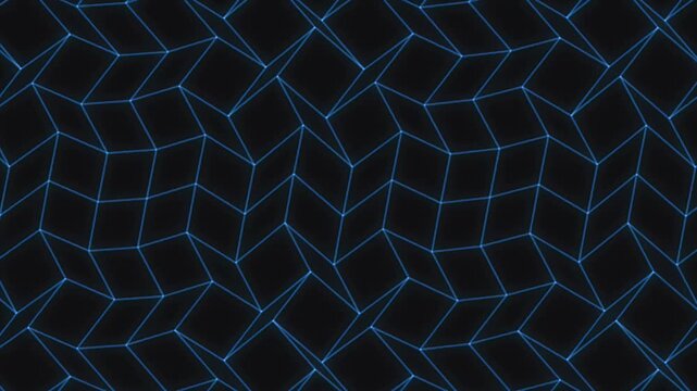 Blue glowing geometric mesh with connected nodes moves in a wave pattern across a dark digital background