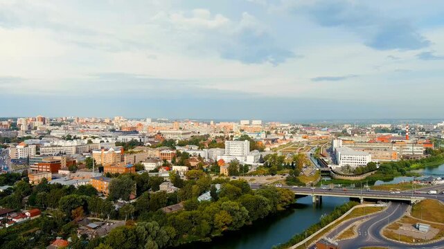 Tula, Russia. Tula Kremlin, Kazanskaya embankment. General panorama of the city from the air. Drone footage