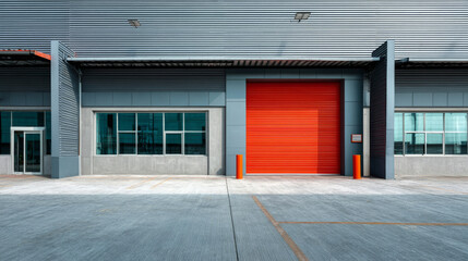 Fototapeta premium Industrial or commercial building exterior. Use as factory, warehouse, store and workplace. Safety and protection with roller door, roller shutter or overhead door. Concrete pavement floor outside.