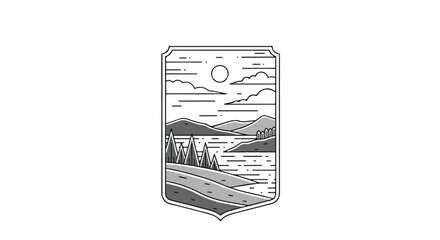 Mountain landscape illustration with deer and river in vintage oval frame © hai
