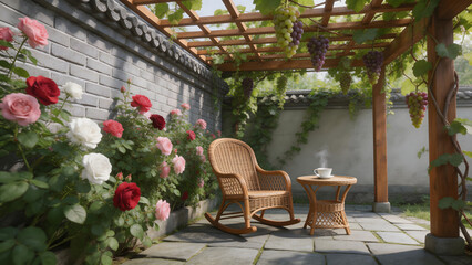 Fototapeta premium Garden with rocking chair and flowers