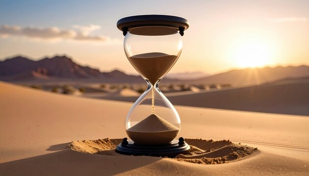 Ancient hourglass filled with fine desert sand stands against a warm sunset in a barren landscape, measuring the passage of time.
