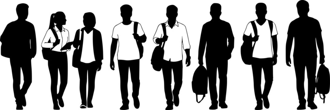 ull length black silhouette of students and young professionals walking and standing with backpacks and bags, diverse group isolated on white background, 