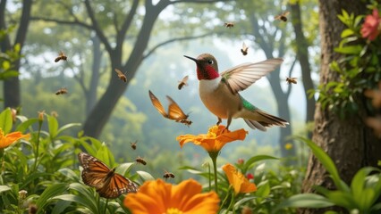 Fototapeta premium A brightly colored hummingbird in flight over a vibrant flower garden, surrounded by bees and forest trees.