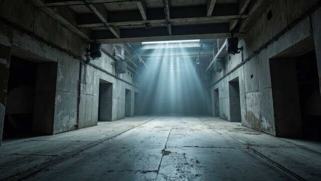 Interior of a vast, deteriorating industrial building with dim lighting and grime accumulation.