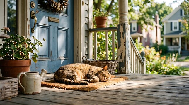 Peaceful domestic cat napping on a sunlit doorstep, authentic local scene, home lifestyle, pet photography, neighborhood authenticity