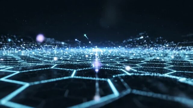 Futuristic digital hexagon grid with glowing blue light particles, abstract technology network background, cyber security and data processing concept