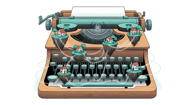 Vintage typewriter with floating islands and houses, representing interconnected stories.