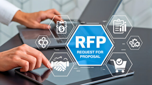 Business strategy and planning concept with RFP request for proposal icons and elements for project management and procurement on a digital interface