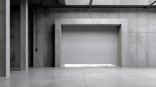Factory or warehouse or industrial building. Protection with roller door or roller shutter. Modern interior design with concrete floor, steel wall and empty space for industry background. 3d render.