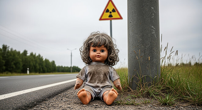 An old dirty doll on the side of the road next to a radiation warning sign. A symbol of disaster, environmental danger and the tragic loss of childhood.