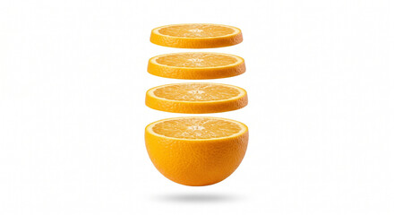 Stacked orange slices suspended above a whole orange, isolated on transparent background.