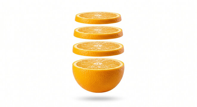 Stacked orange slices suspended above a whole orange, isolated on transparent background.