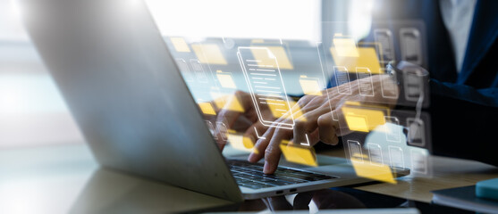 Data infrastructure and data pipeline development. Data integration.Data export and privacy request concept showing document files and folders being downloaded from an account system,secure management © Zerofukuman