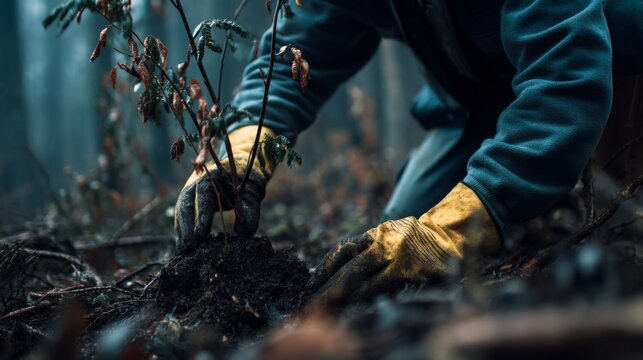 Hands of a gardener planting a young tree sapling in dark forest soil surrounded by greenery and atmospheric mist in an eco-friendly setting