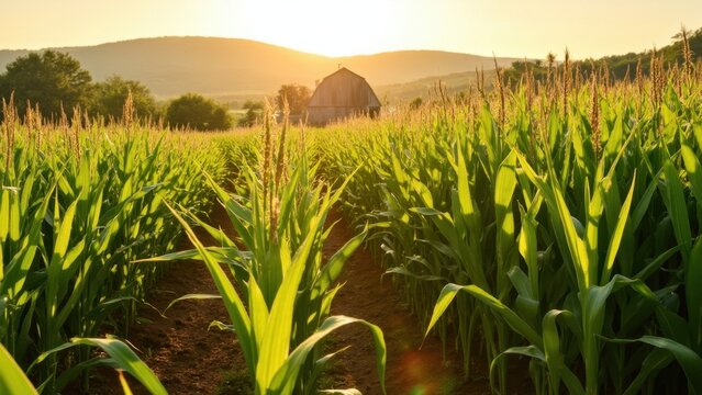 Sunlit crop of corn with silhouette of barn in background.