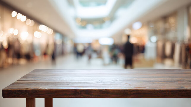 Wood table product display blurred background mall, empty wooden counter for retail