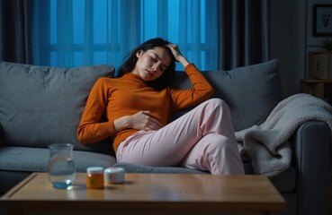 Fototapeta premium Young woman feels stomach ache lying on sofa in dark room. She holds her belly in pain. Water and pills on table. Evening discomfort and health problem.