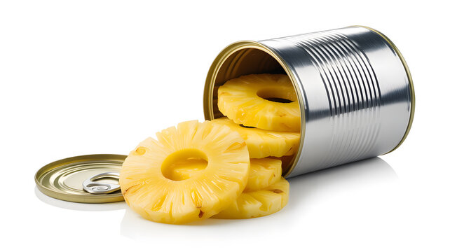 A can of pineapple slices spilled out on a white surface with the lid open