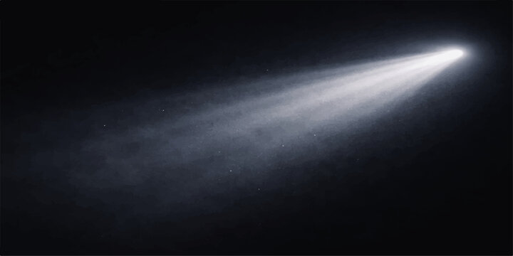 A bright spotlight pierces the dark mist of a blue night sky, casting a textured glow against a black backdrop of storm clouds and cosmic space