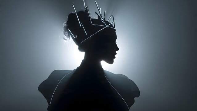 Silhouette of a woman wearing a glowing led crown in a dark studio