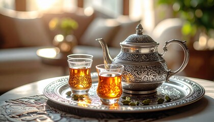 Fototapeta premium Ornate gleaming silver tea set with glasses filled with amber liquid on an intricately engraved tray, offering traditional hospitality