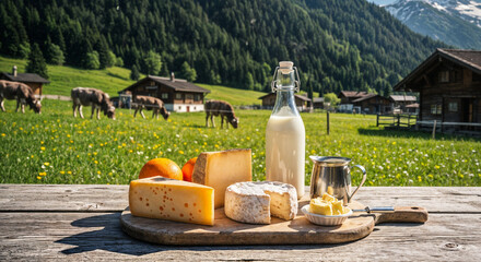 Obraz premium Artisan cheese board on rustic table with dairy products and oranges in a serene countryside setting