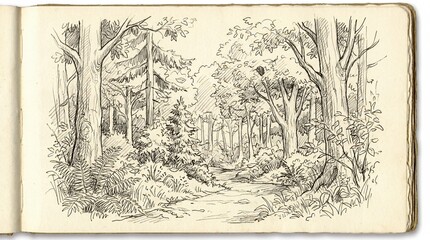 Obraz premium Black and white sketch depicting a serene forest path surrounded by trees and foliage, illustrating nature's tranquility