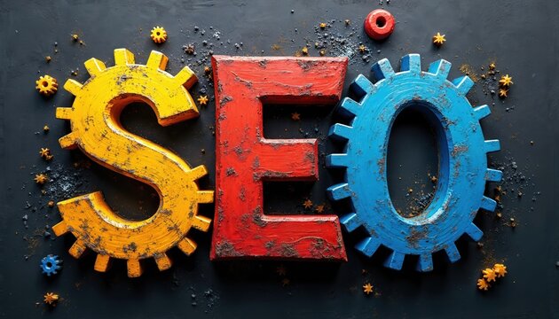 Three dimensional letters S E O in bright colors placed on dark background with gears. Digital art represents search engine optimization strategy and business growth. Idea for web marketing success.