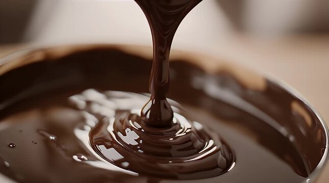 Rich chocolate pouring into a bowl.