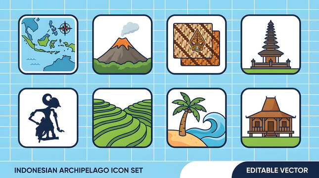 Indonesian Culture Icon Set, Archipelago Travel Vector Icons, Indonesia Landmark Illustration Bundle, Traditional Heritage Graphic Symbols, Tropical Indonesia Tourism Icons, Wayang and Batik Vector 