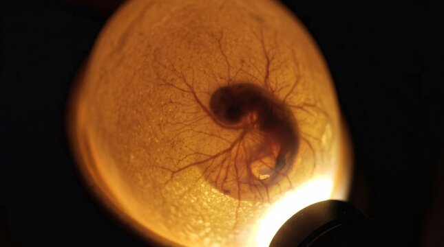 Close-up of a fertilized egg showing an embryo with visible veins and structures illuminated from below