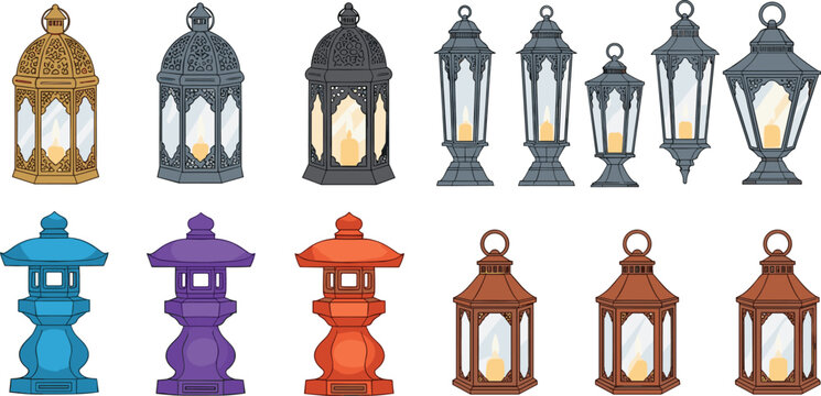 Lantern and Decorative Lamp Vector Set Featuring Various Styles of Moroccan Lanterns Garden Lights and Traditional Lamps Isolated on White Background for Interior Decor