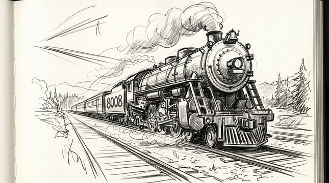 A detailed sketch of a vintage steam locomotive on a railway, conveying movement with smoke billowing from the engine and a scenic backdrop