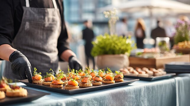 Professional catering service arranging smoked salmon appetizers for an elegant outdoor event with soft blue and warm tones
