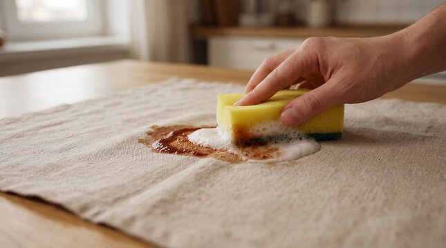 A hand cleaning a stained cloth with a sponge and soap, showcasing the process of removing a sauce stain