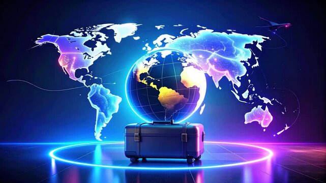 A glowing world map with suitcase and airplane, evoking travel and global reach