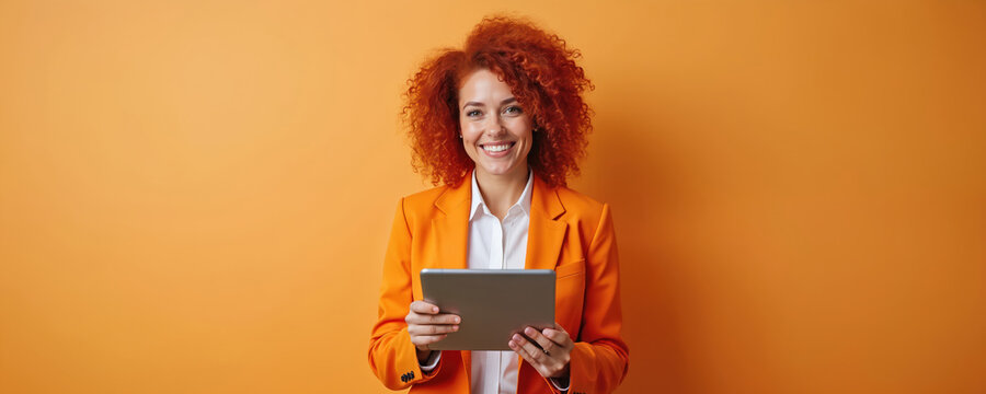 Smiling woman with curly red hair in an orange blazer holds a tablet computer. She looks positively at the camera against a plain orange backdrop. Modern professional using tech.