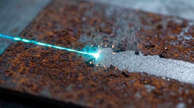 Laser cleaning process removing rust from a metal surface with sparks and smoke