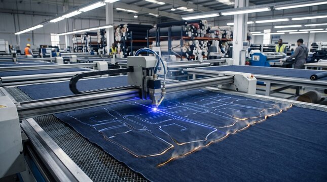 Advanced laser cutting technology creating intricate designs on fabric in a modern textile factory