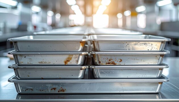 Stack of identical used metal food service trays with visible food residue, stacked in a commercial kitchen setting