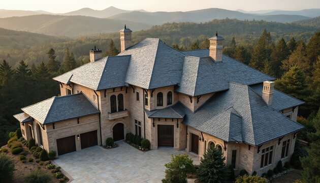 Large stone house with slate roof sits among forested hills. Multiple chimneys and gabled rooflines define this grand estate. Driveway leads to garages. Wooded landscape surrounds residence.